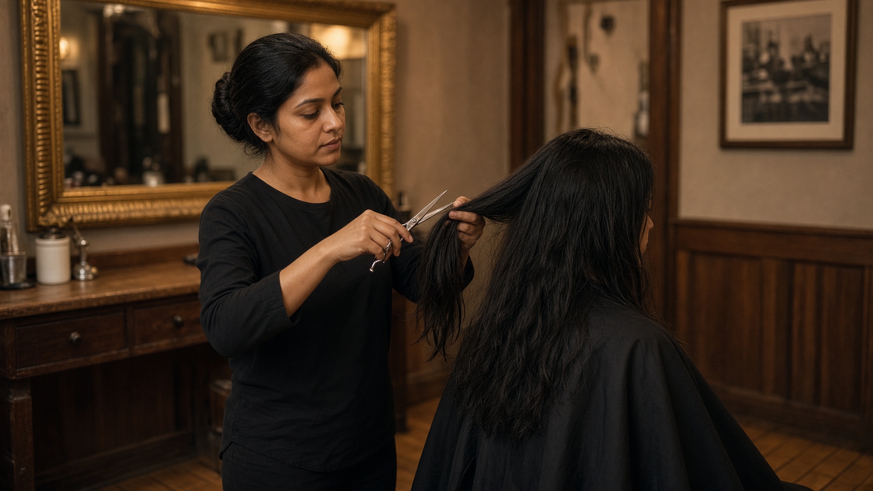 A stylist cutting long hair with scissors.